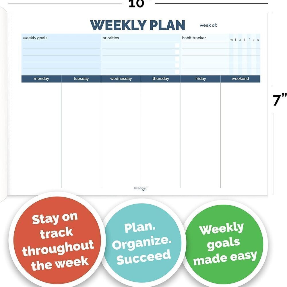 Weekly Planner Pad 10"x7", Undated, Cardboard Cover, Weekly To Do List Notepad